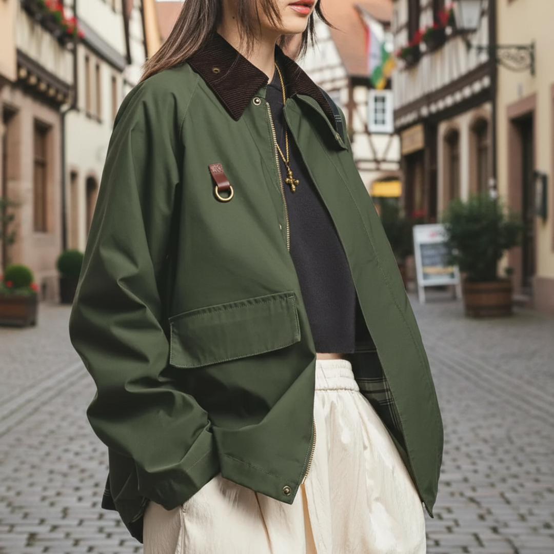 Jacke Damen Retro Grün mit Cordkragen & Reißverschluss – Highland Barn Jacket