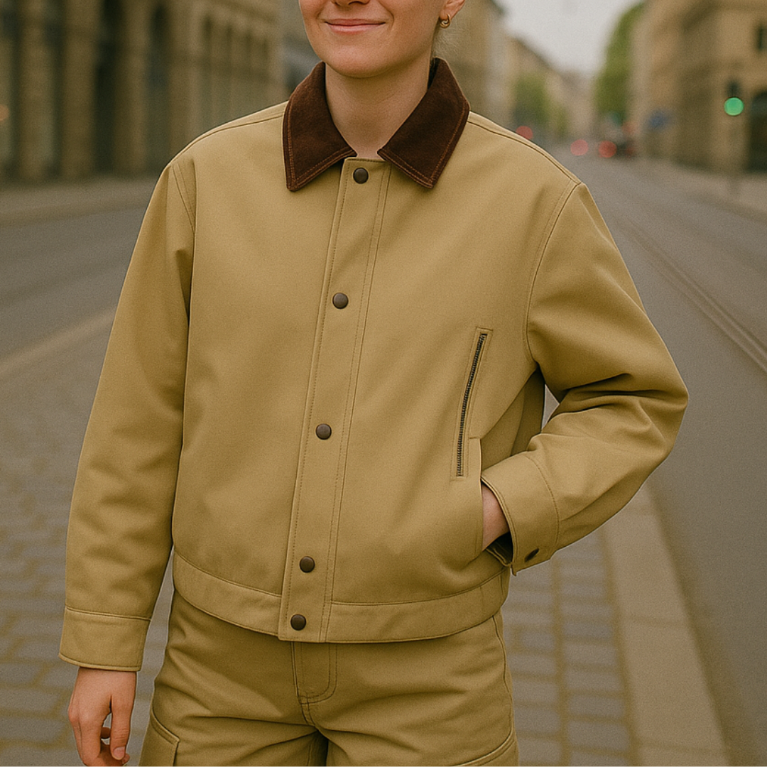 Jacke im Retro-Barn-Stil mit Lederkragen – Nanyou Vintage