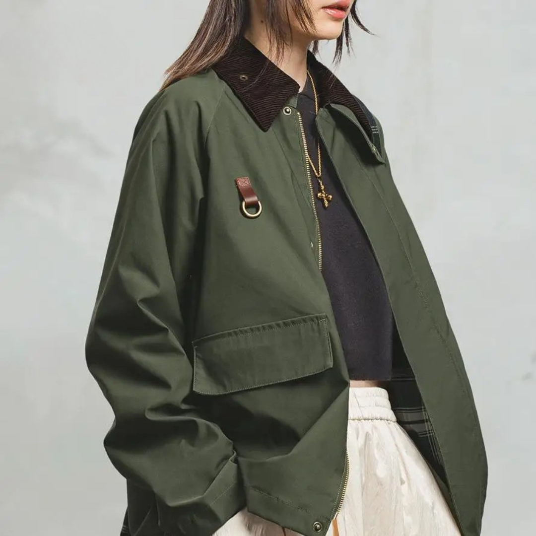 Jacke Damen Retro Grün mit Cordkragen & Reißverschluss – Highland Barn Jacket