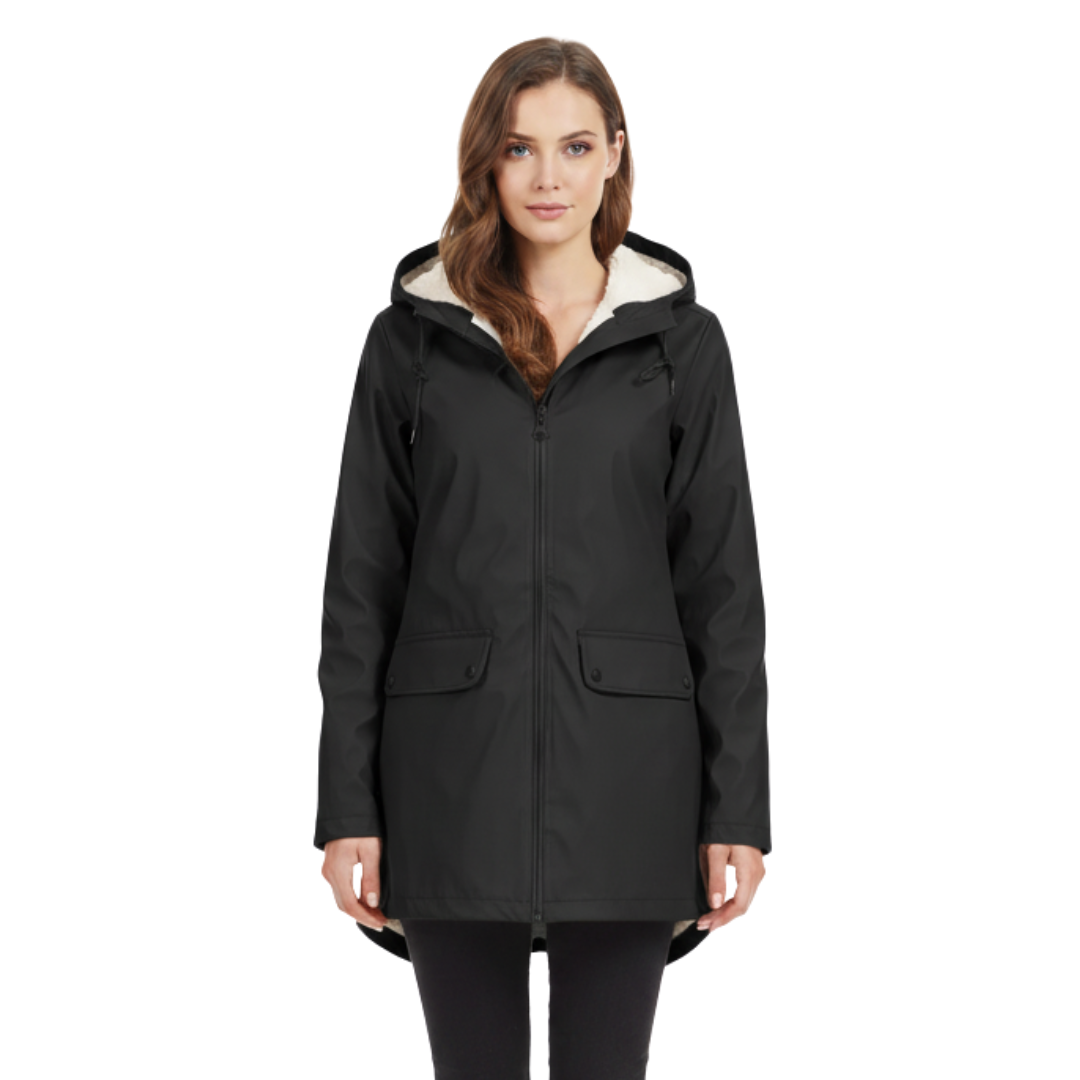 Damenmantel mit Fleece-Futter und Kapuze – Warme Winter-Regenjacke
