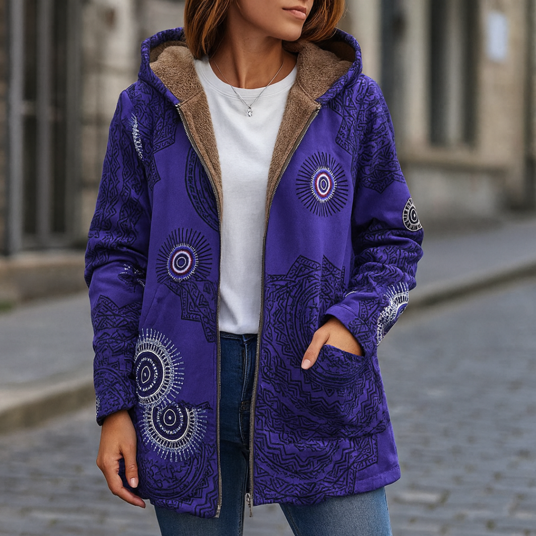 Warme Boho Kapuzenjacke mit Fleecefutter & Ethno-Muster – Liora Coat