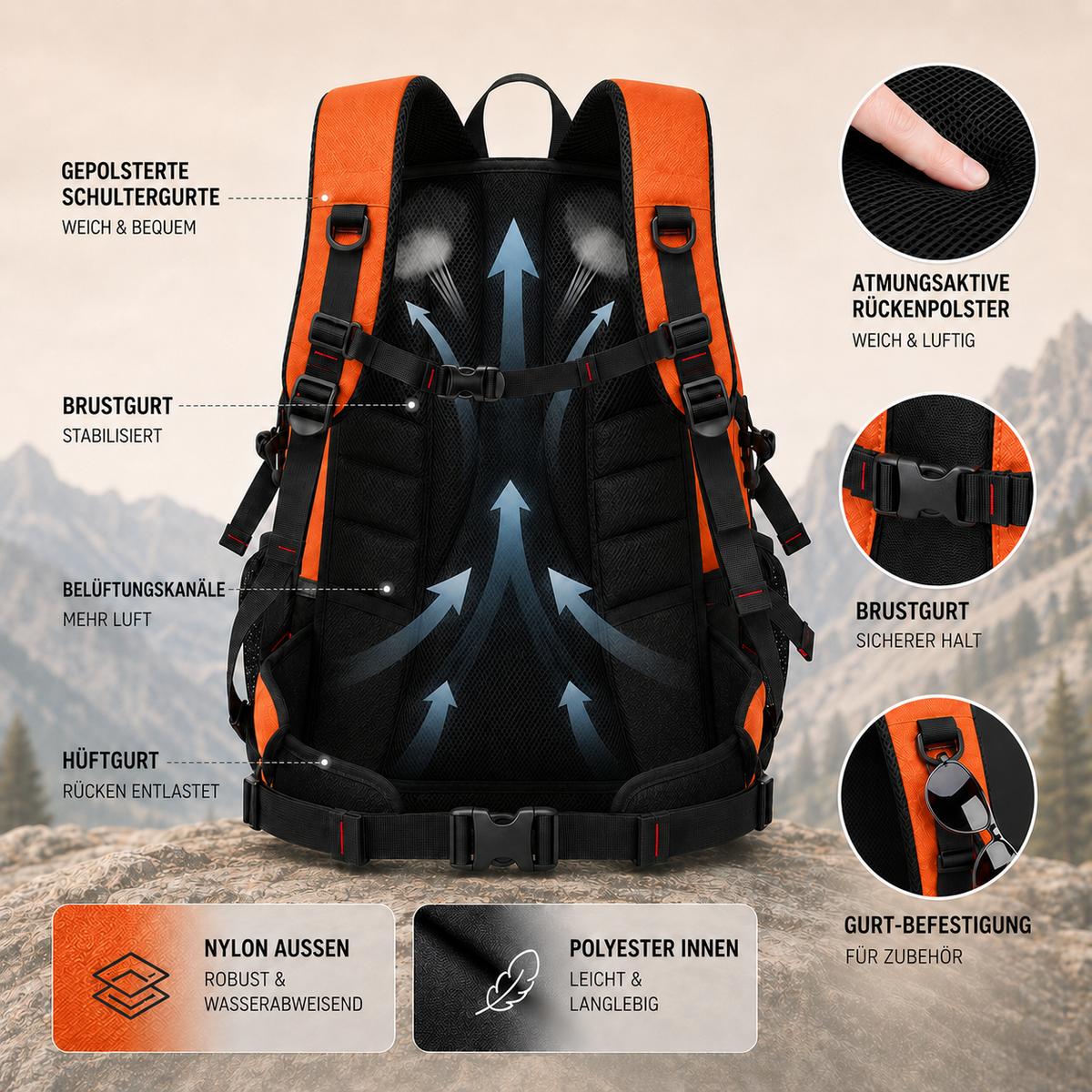 Wanderrucksack 40L mit USB-Anschluss – BergTrail Pro
