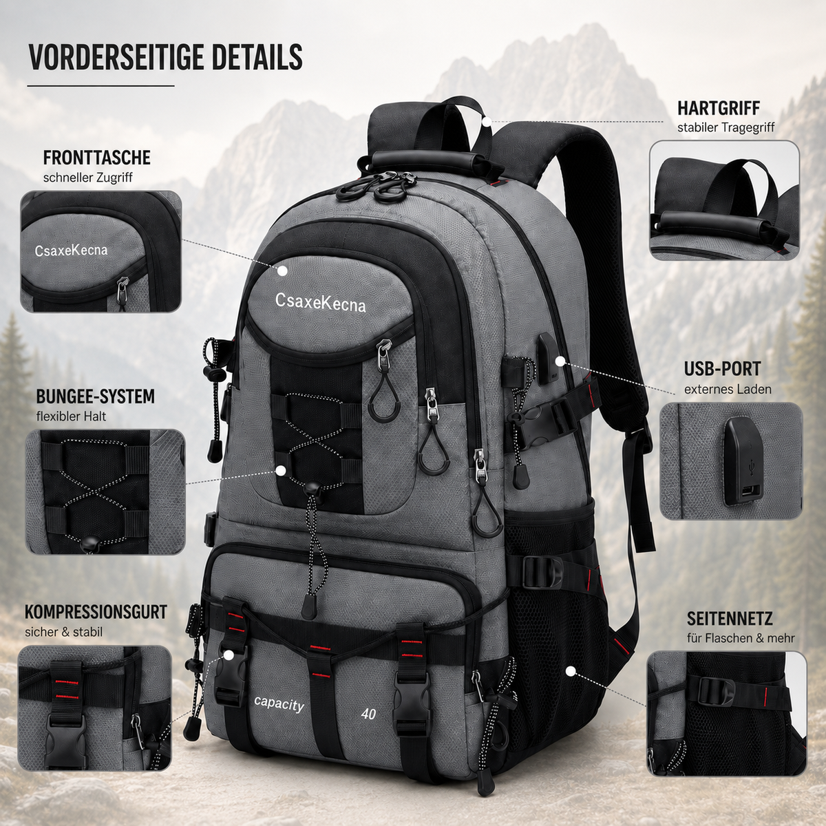 Wanderrucksack 40L mit USB-Anschluss – BergTrail Pro