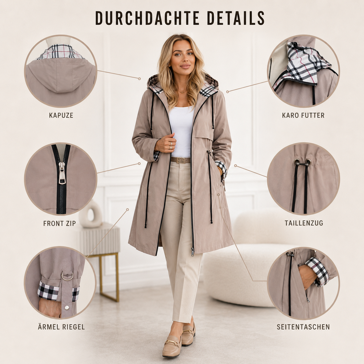 Wasser- und winddichter Damenmantel mit Kapuze – Nordlyn Zip Coat